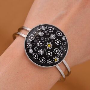 NWOT Black Murano Glass Style Hinge Bangle Bracelet in Stainless Steel (7.5 In)